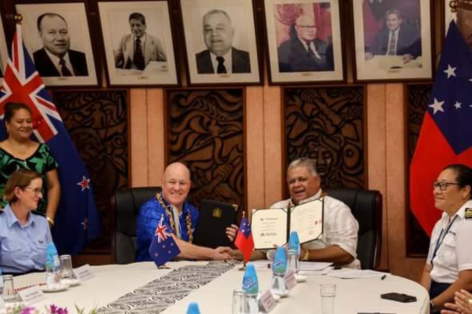 Samoa Prime Minister Laʻauli Leuatea Schmidt and New Zealand Prime Minister Christopher Luxon during official trip to Samoa (Source: Facebook)
