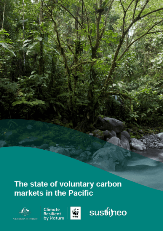 Cover of our report 'The state of voluntary carbon markets in the Pacific' featuring a photo of a rainforest with flowing water