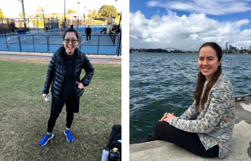 Left: Saule Burkitbayeva feeling at home at a pickleball court. Right: Lauren Waring with the Sydney Harbour Bridge and CBD in the background.