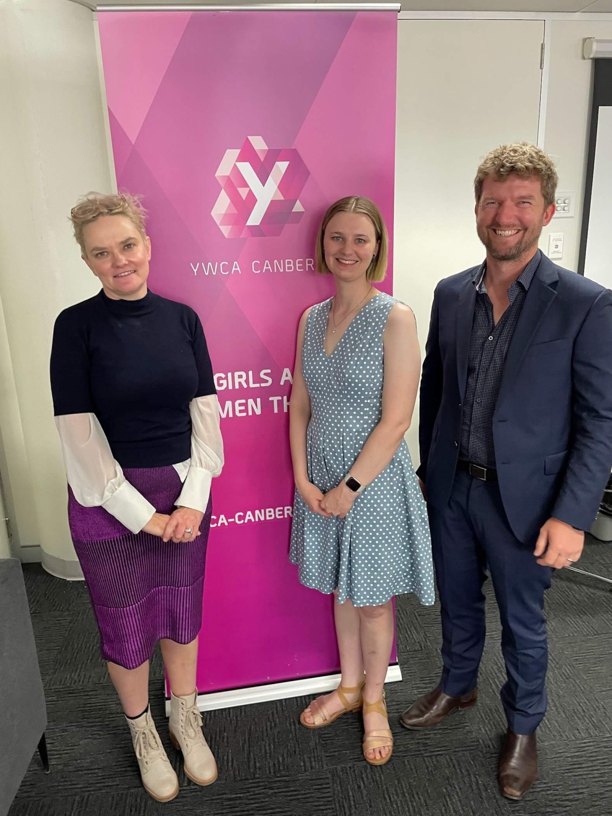 Leah Dwyer (YWCA Canberra) with Nina Davis and Tom Sloan at the 'Our Lives' report launch.