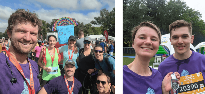 Left: Tom Sloan (L) with his support crew after completing the half marathon. Right: Nina Davis (L) and Ellis Mackenzie (R) after their 5.4km fun run.