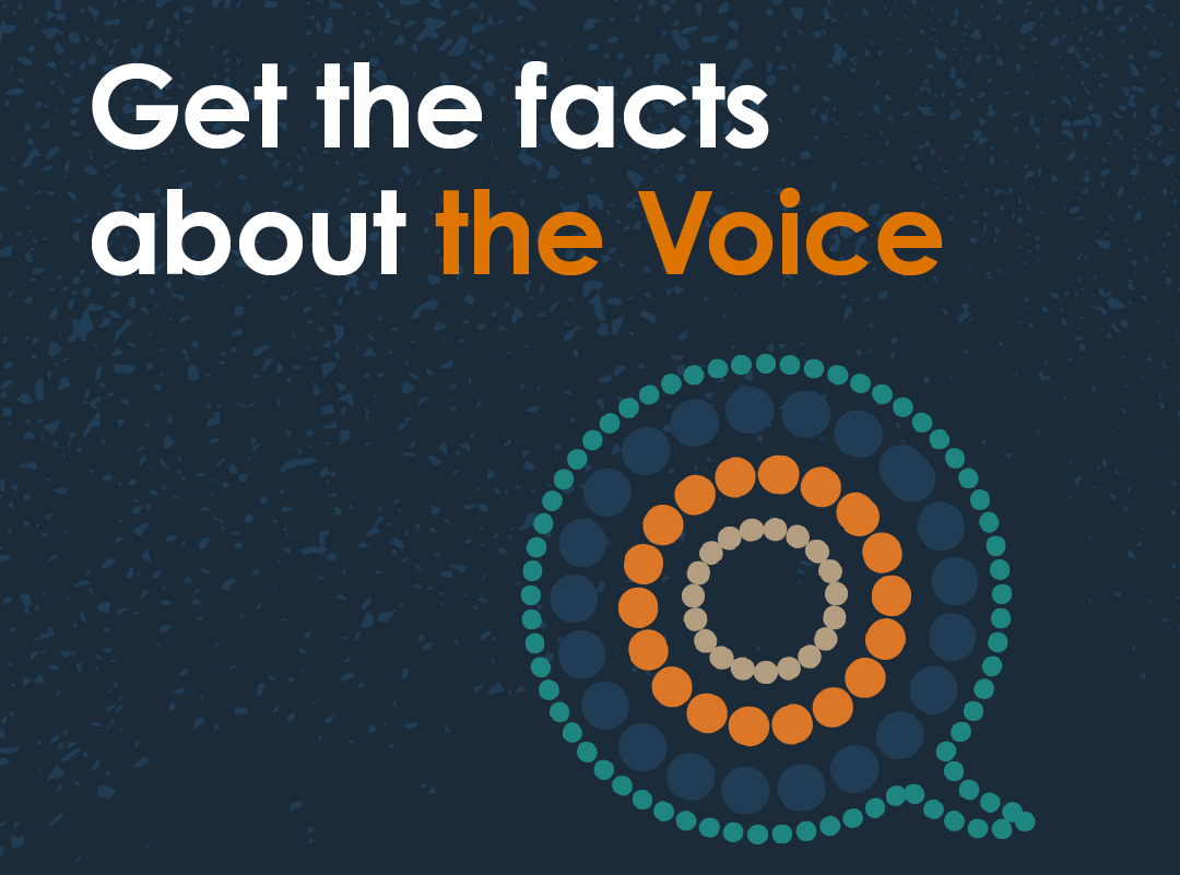 Graphic with speech bubble and text that says "Get the facts about the Voice. Get informed. Voice.gov.au" and the Australian Government coat of arms.