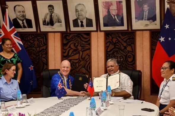 Samoa Prime Minister Laʻauli Leuatea Schmidt and New Zealand Prime Minister Christopher Luxon during official trip to Samoa (Source: Facebook)