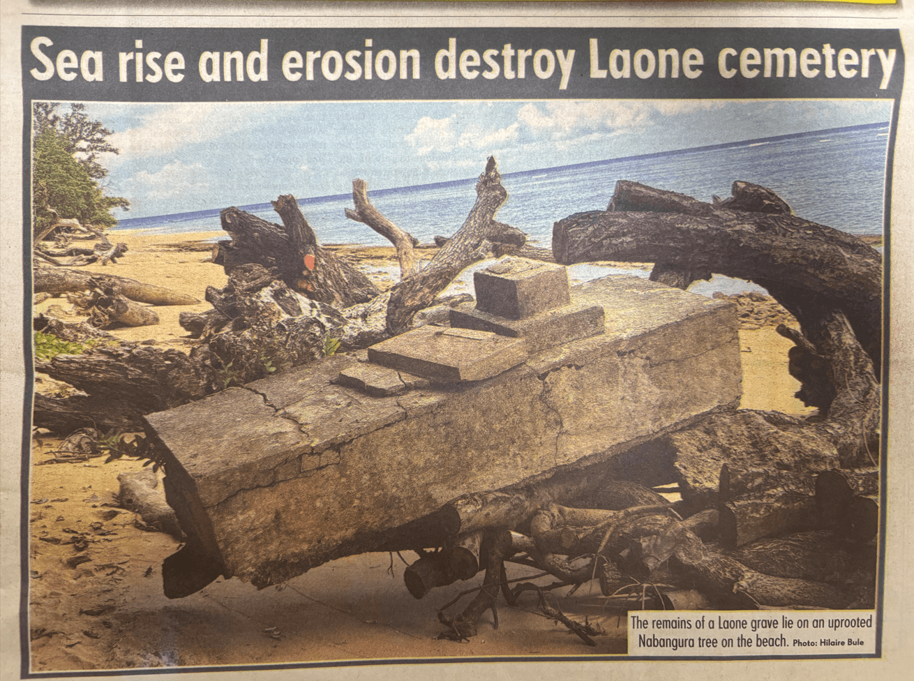 Front page of the Vanuatu Daily Post from 24 February 2026 showing the remains of a grave lost due to the impacts of climate change.