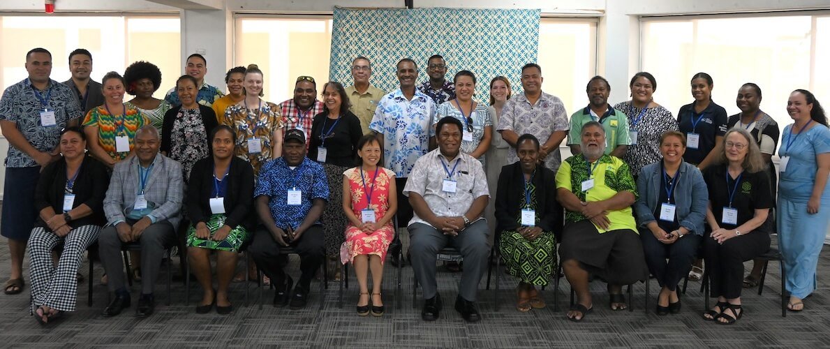 A group photo of the 31 people involved in the in-person workshop as part of operationalising Pasifika NiuNet.