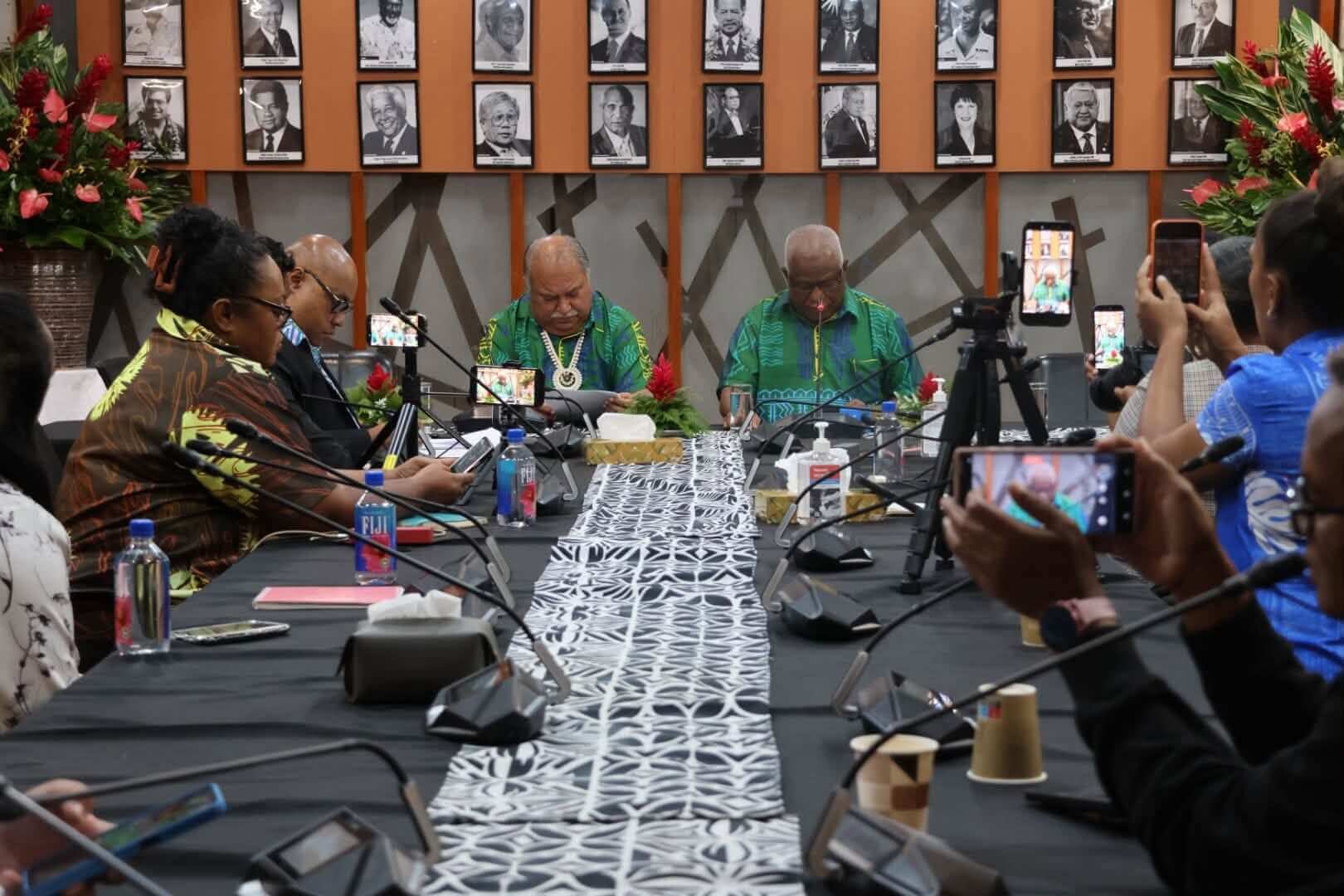 Chair and Solomon Islands Minister for Foreign Affairs and External Trade, Hon. Rick Houenipwela, joined Secretary General Baron Divavesi Waqa in taking questions from regional and international media during the post-meeting press conference of the Pacific Islands Forum Foreign Ministers Meeting on 7 August. (Source: Facebook)