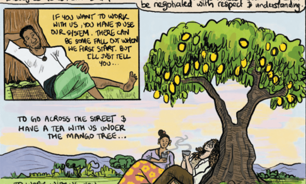 People sitting underneath a mango tree, drinking tea