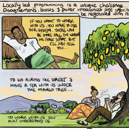 People sitting underneath a mango tree, drinking tea