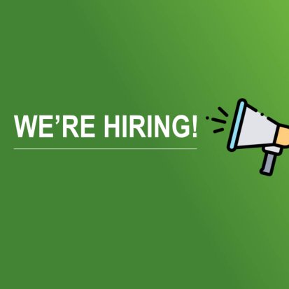 Graphic with a green background, a megaphone icon, and the text "we're hiring!"