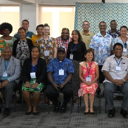 A group photo of the 31 people involved in the in-person workshop as part of operationalising Pasifika NiuNet.